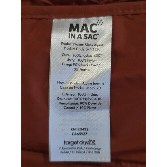 Mac In A Sac Synergy Gilet Vest Mens Large Burnt Orange Thermolite Down Fill - Picture 12 of 13